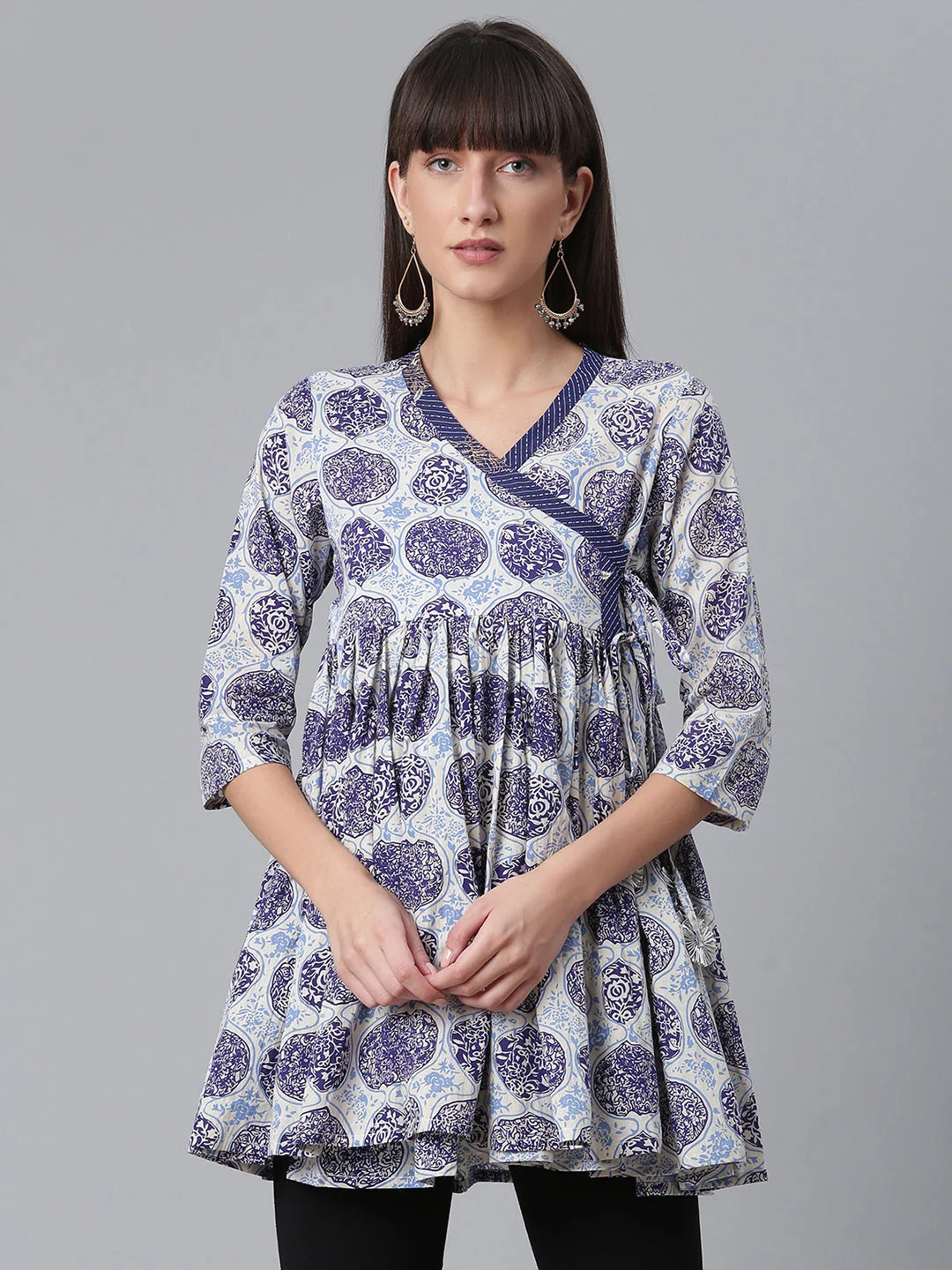 Navy Wax Printed Cotton Tunic Top - Indian Kurtis for Women