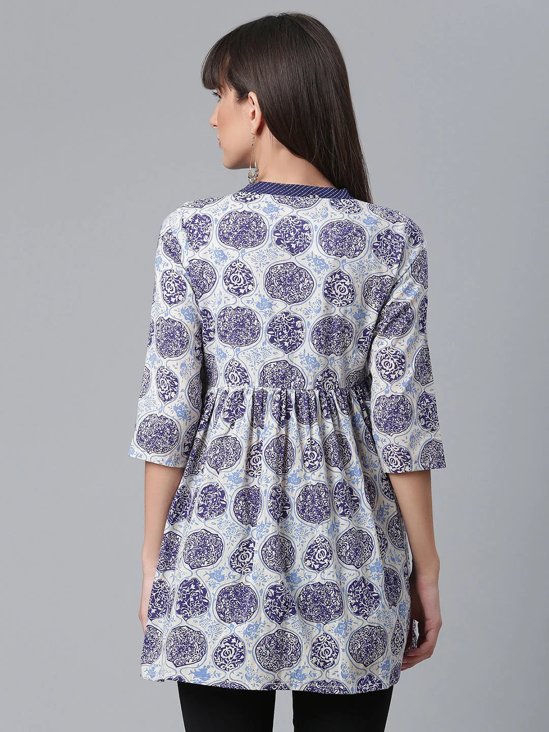 Navy Wax Printed Cotton Tunic Top - Indian Kurtis for Women