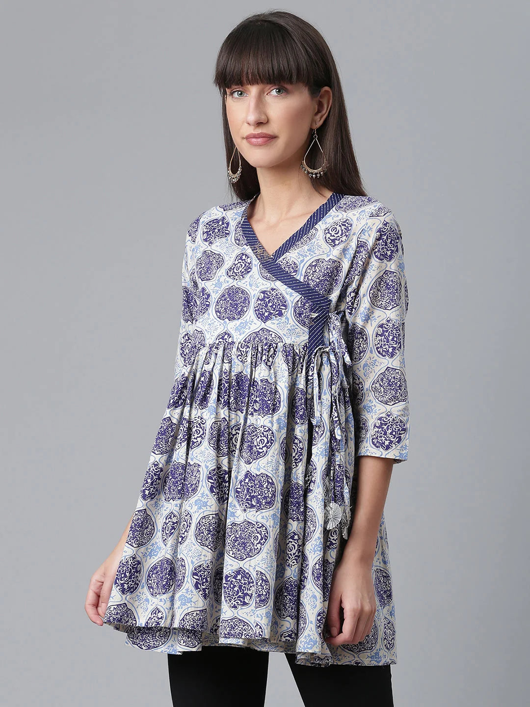 Navy Wax Printed Cotton Tunic Top - Indian Kurtis for Women