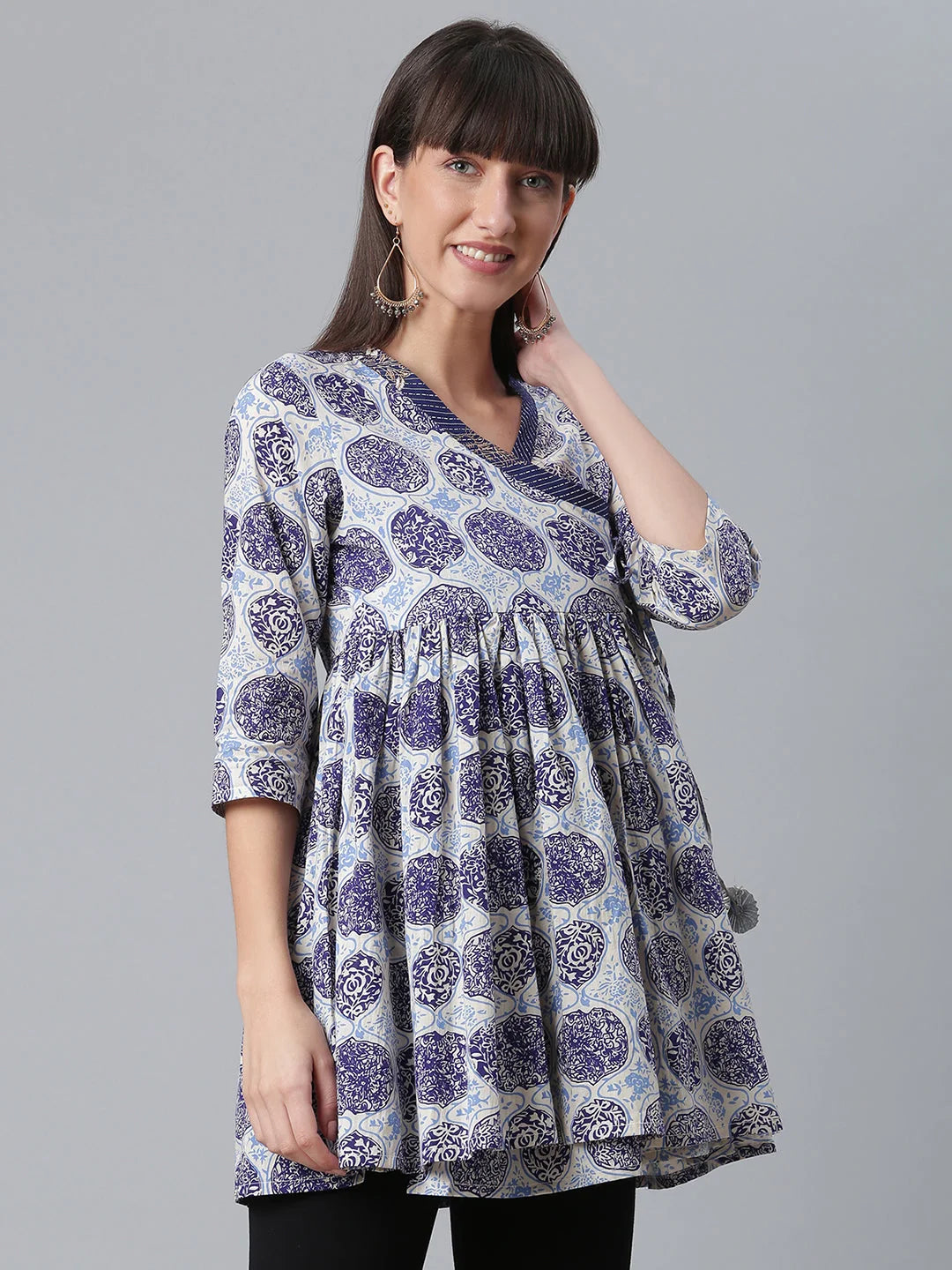 Navy Wax Printed Cotton Tunic Top - Indian Kurtis for Women