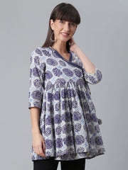 Navy Blue Wax Printed Cotton Tunic-AHTUCOWX-8041