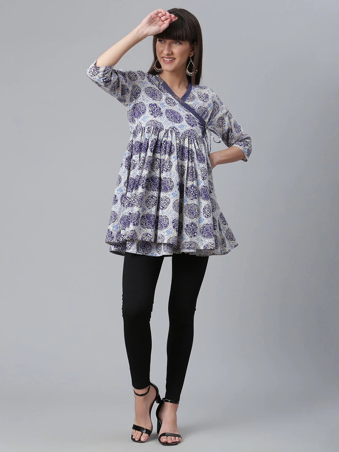 Navy Wax Printed Cotton Tunic Top - Indian Kurtis for Women