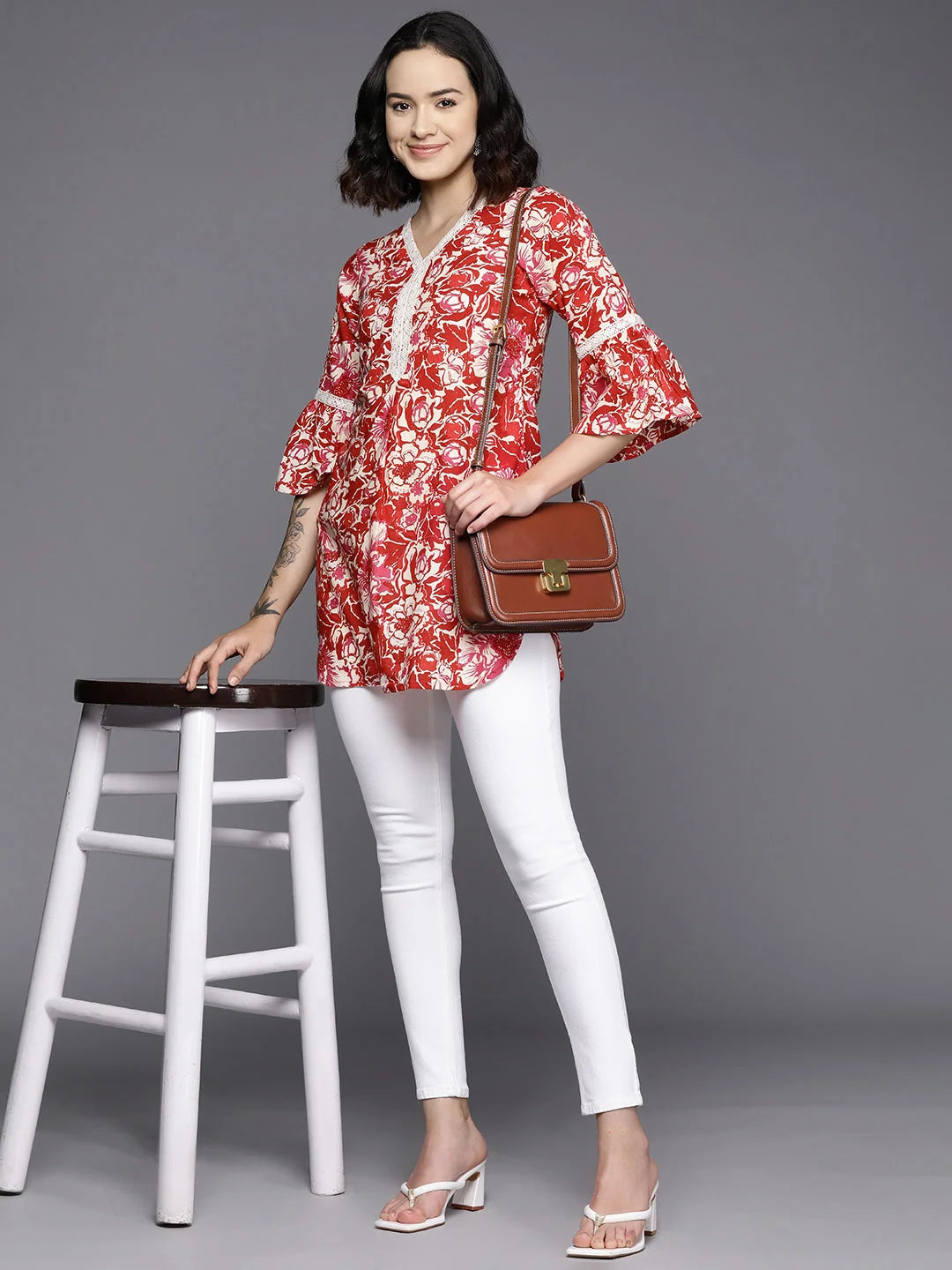 Floral Printed Tunic Top with Lace - Indian Kurta for Women