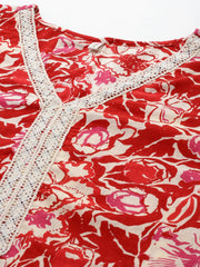 Floral Printed Bell Sleeves Tunic With Lace Inserts-AHTUCOWX-8155