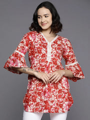 Floral Printed Bell Sleeves Tunic With Lace Inserts-AHTUCOWX-8155