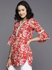 Floral Printed Bell Sleeves Tunic With Lace Inserts-AHTUCOWX-8155