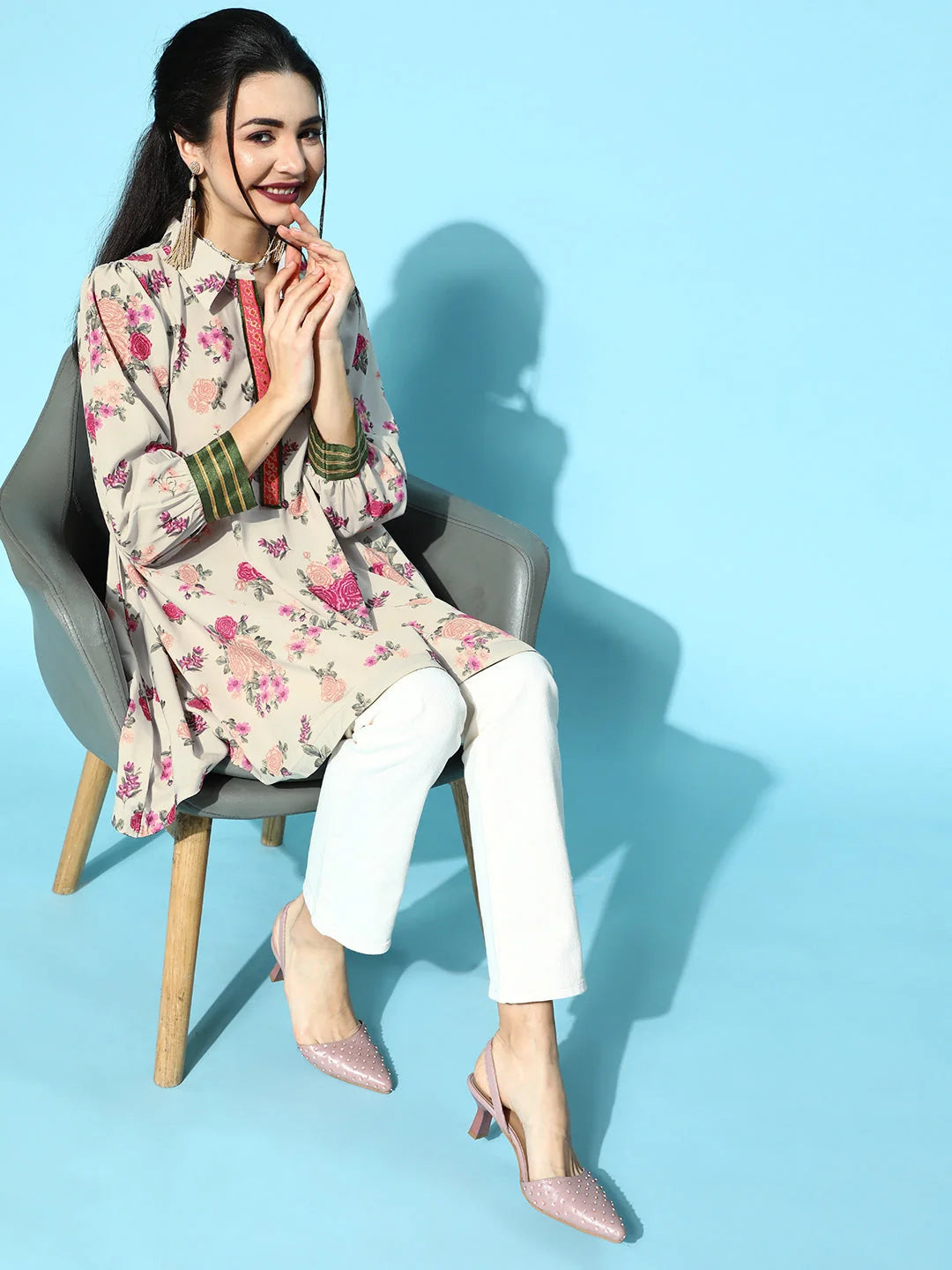 Beige Floral Print Tunic Top - Modern Indian Kurta Ladies