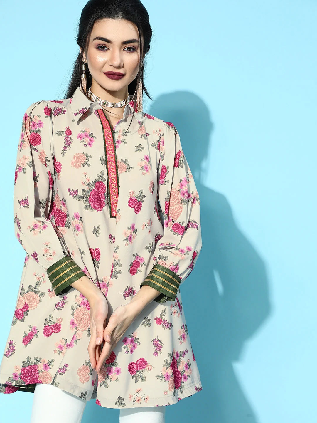 Beige Floral Print Tunic Top - Modern Indian Kurta Ladies