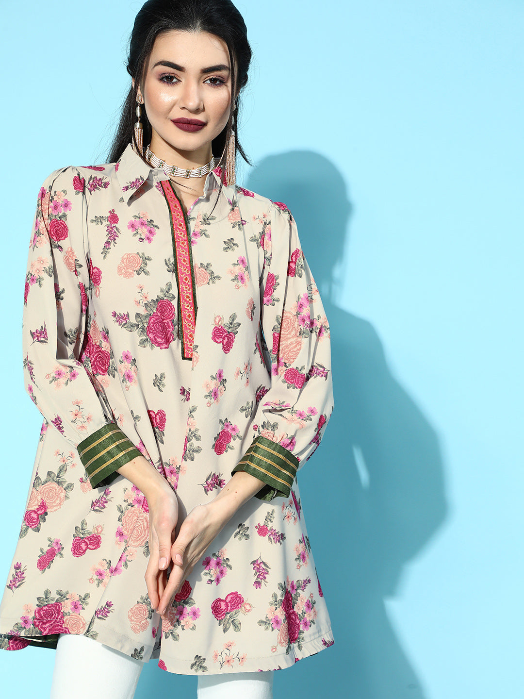 Beige Floral Print Tunic Top - Modern Indian Kurta Ladies