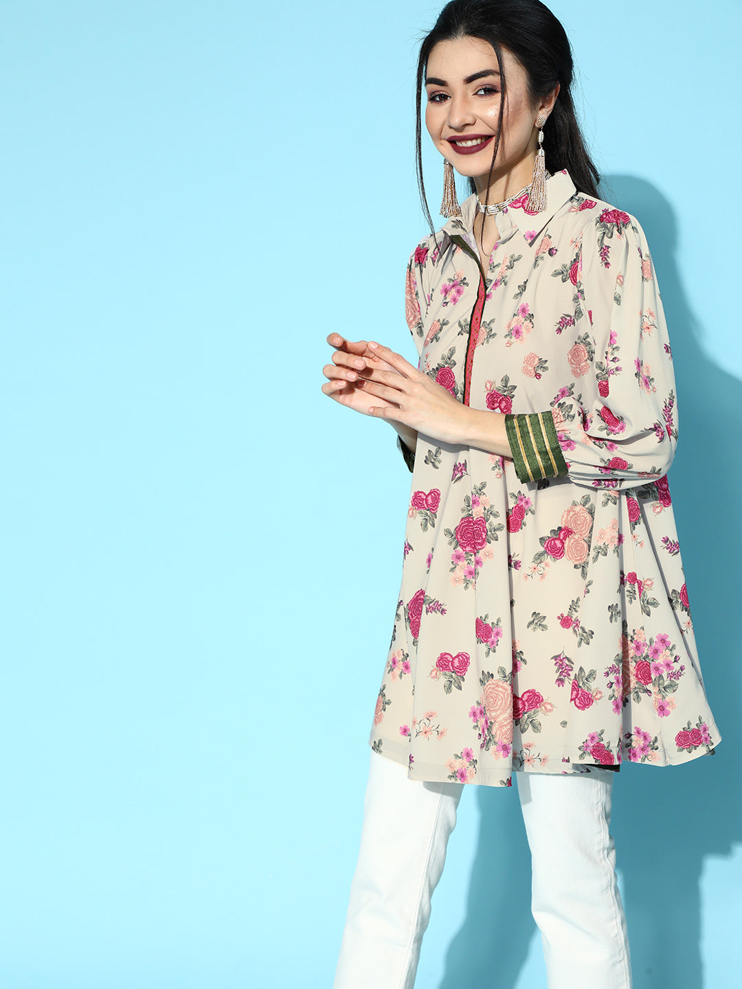 Beige Floral Print Tunic Top - Modern Indian Kurta Ladies