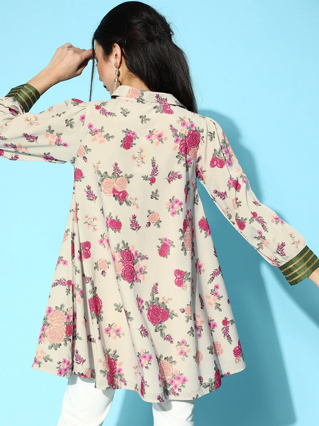 Beige Floral Print Tunic Top - Modern Indian Kurta Ladies