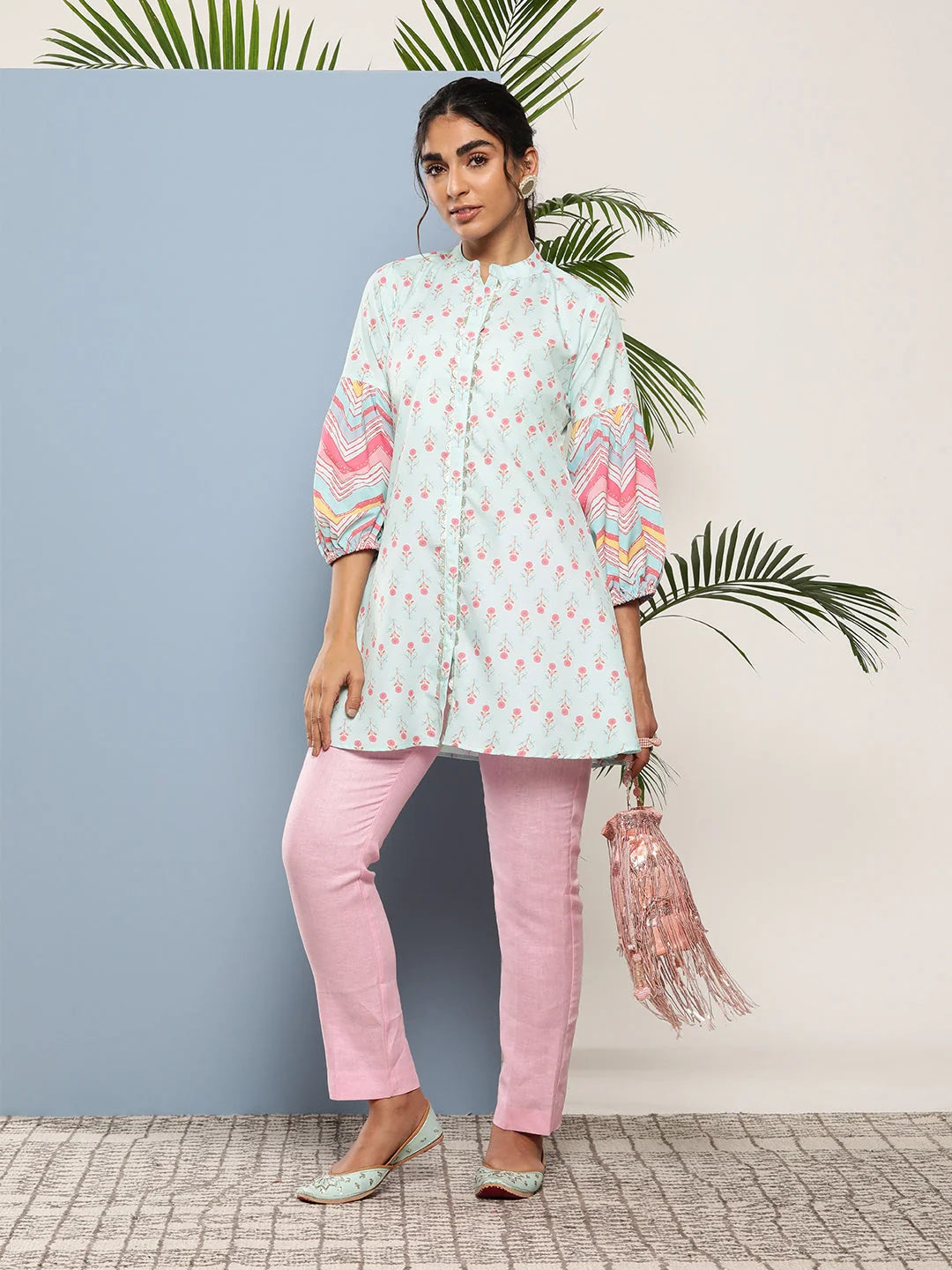 Blue & Pink Floral Printed Tunic-AHTUCRDP-8101