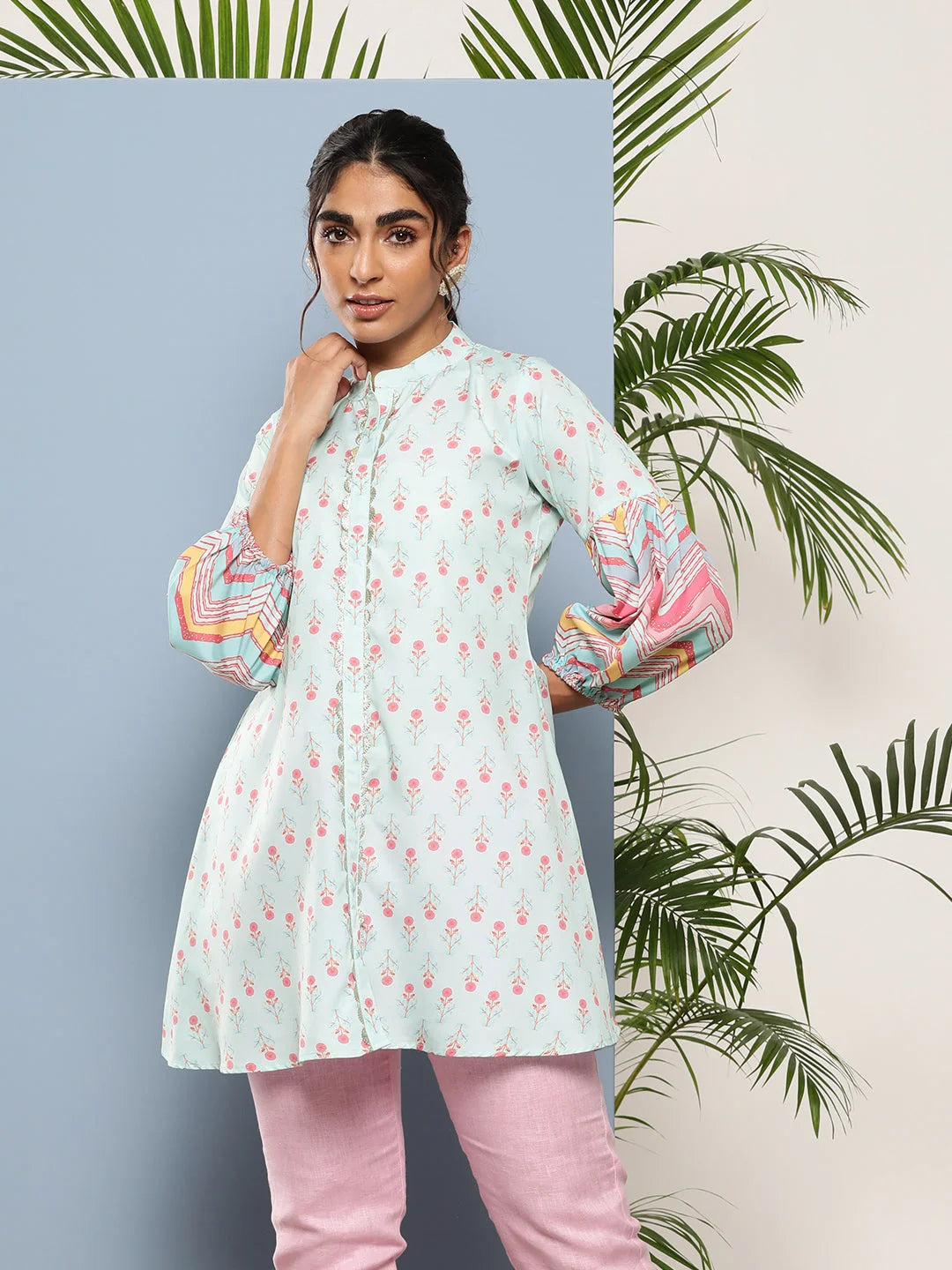Blue & Pink Floral Tunic Top - Contemporary Indian Kurtis Online