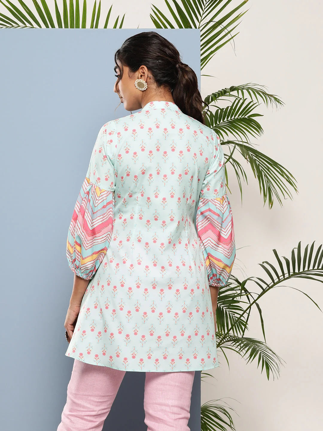 Blue & Pink Floral Tunic Top - Contemporary Indian Kurtis Online