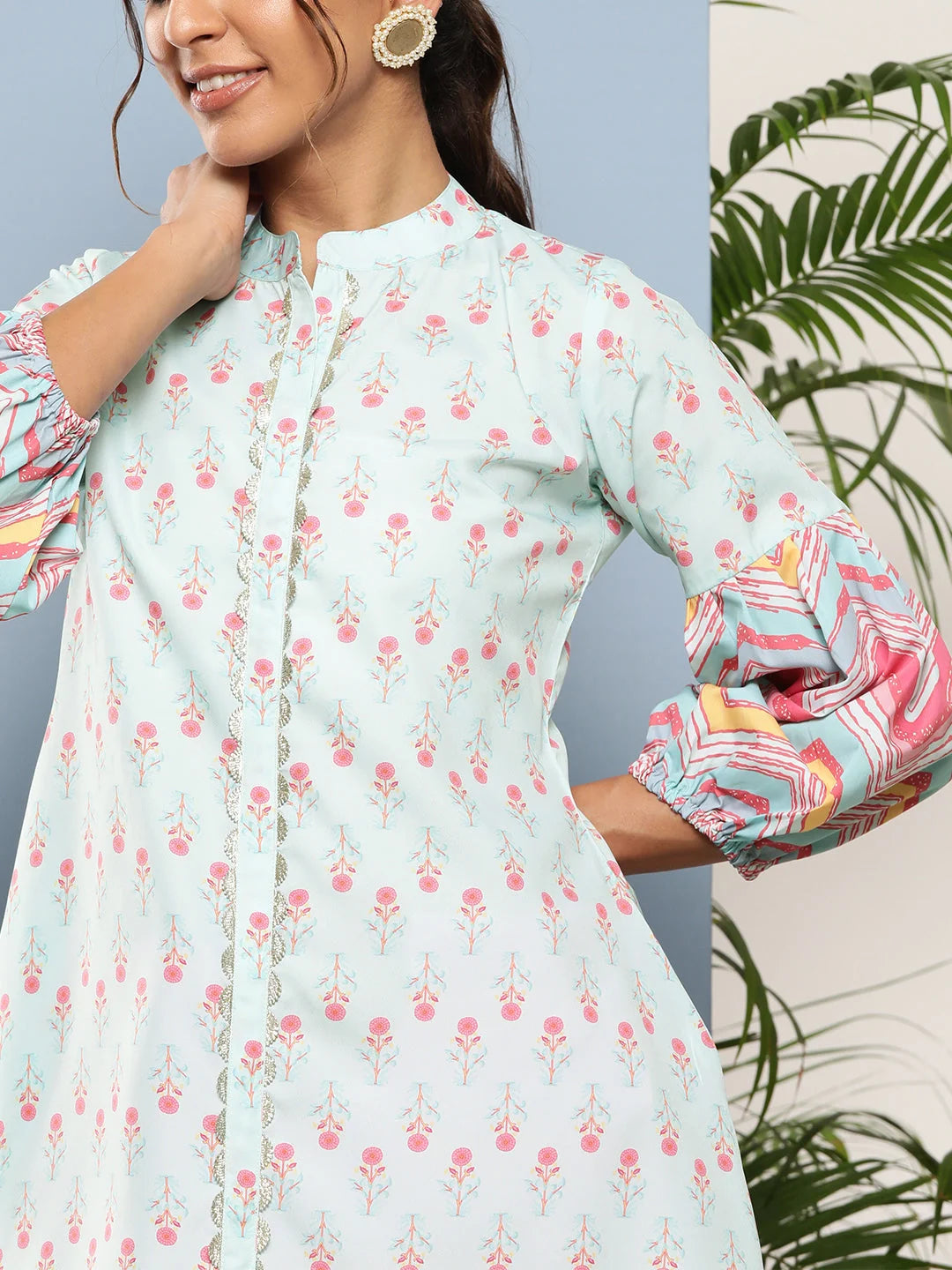 Blue & Pink Floral Tunic Top - Contemporary Indian Kurtis Online