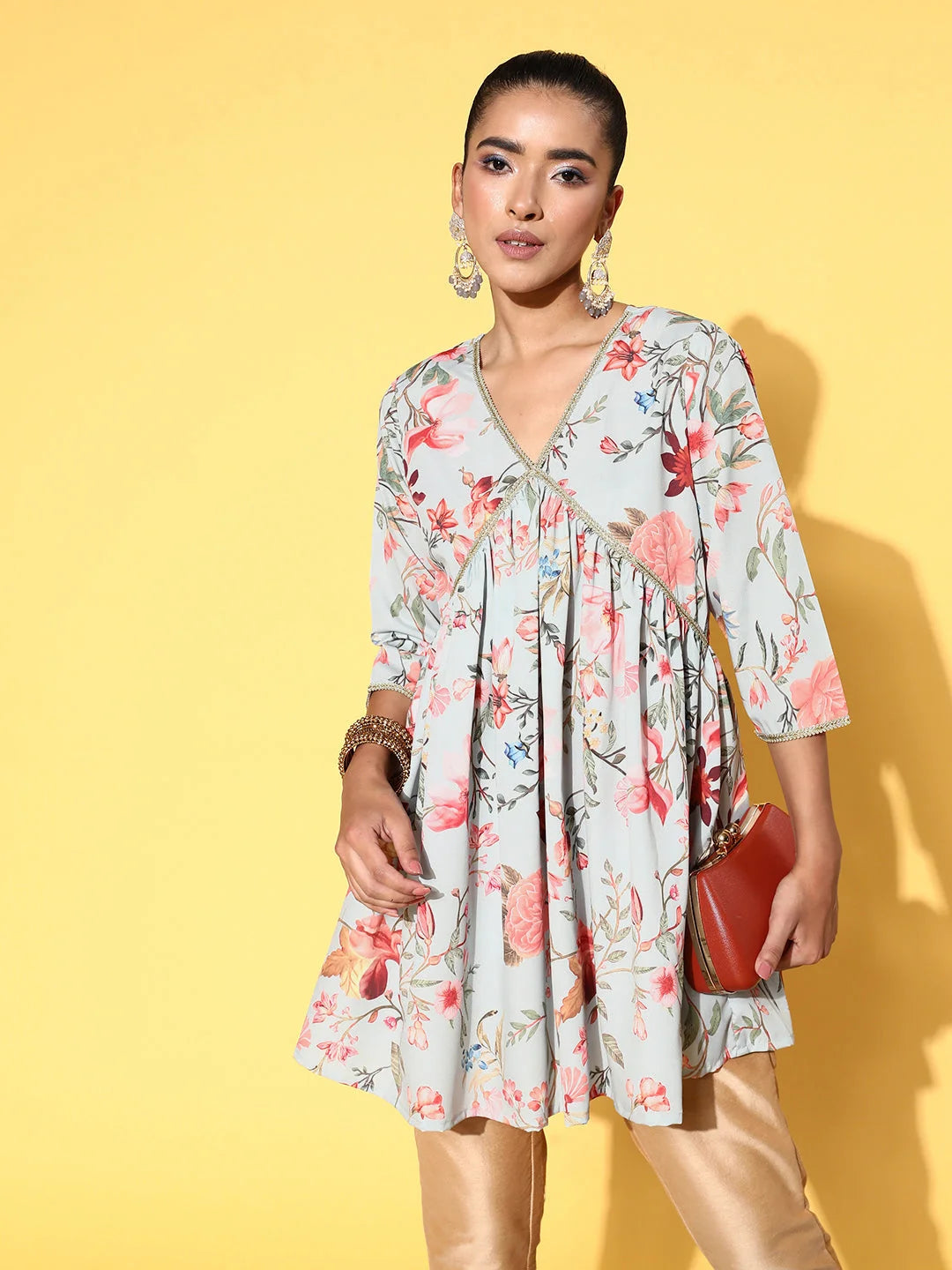 Sea Green Floral Tunic Top - Indian Kurta for Women