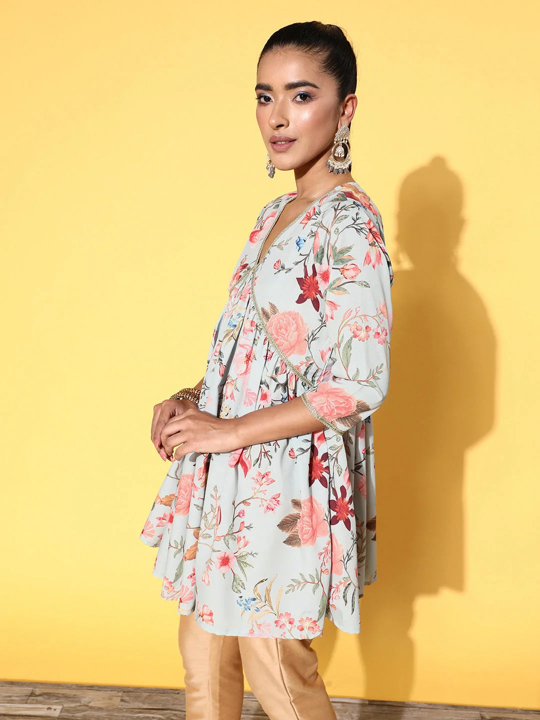 Sea Green Floral Tunic Top - Indian Kurta for Women