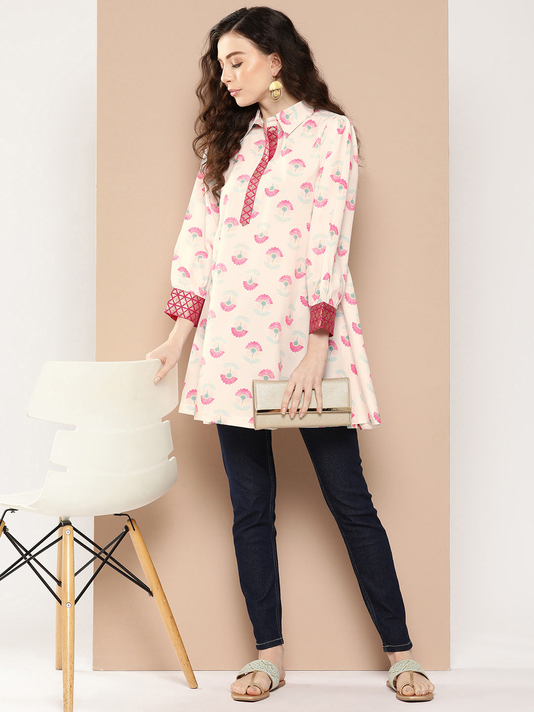 Printed Shirt Collar Tunic Top - Indian Kurta Ladies Fashion