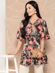 Brown Floral Printed Tunic-AHTUCRDP-8142-ICH