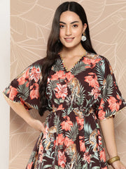 Brown Floral Printed Tunic-AHTUCRDP-8142-ICH