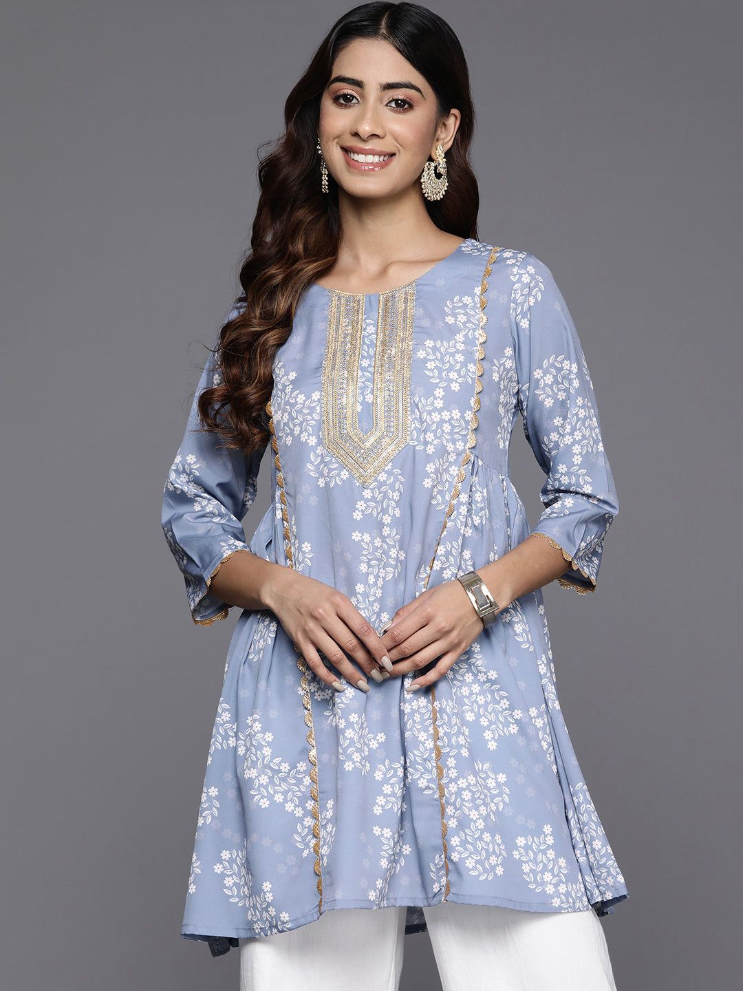 Floral Printed Crepe Ethnic Tunic-AHTUCRDP-8181-EMB-OA