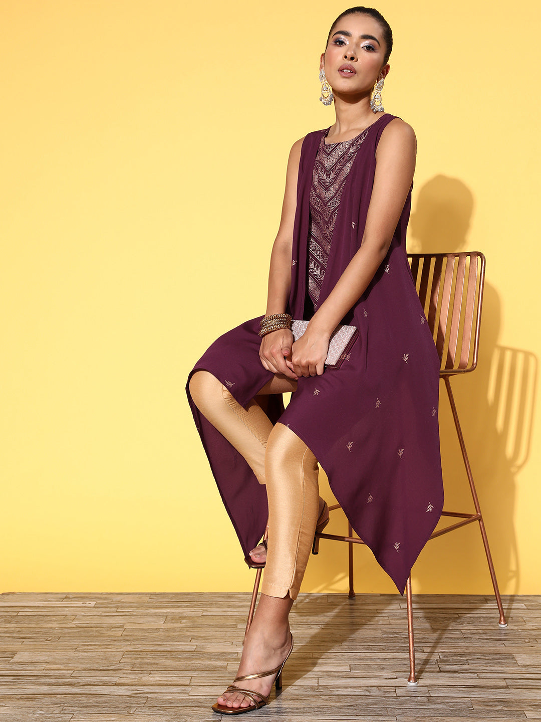 Burgundy Printed Fusion Tunic Top - Elegant Indian Kurta