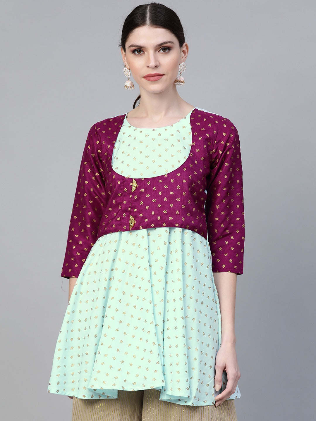 Blue & Purple Printed A-Line Tunic Top | Indian Kurta Ladies