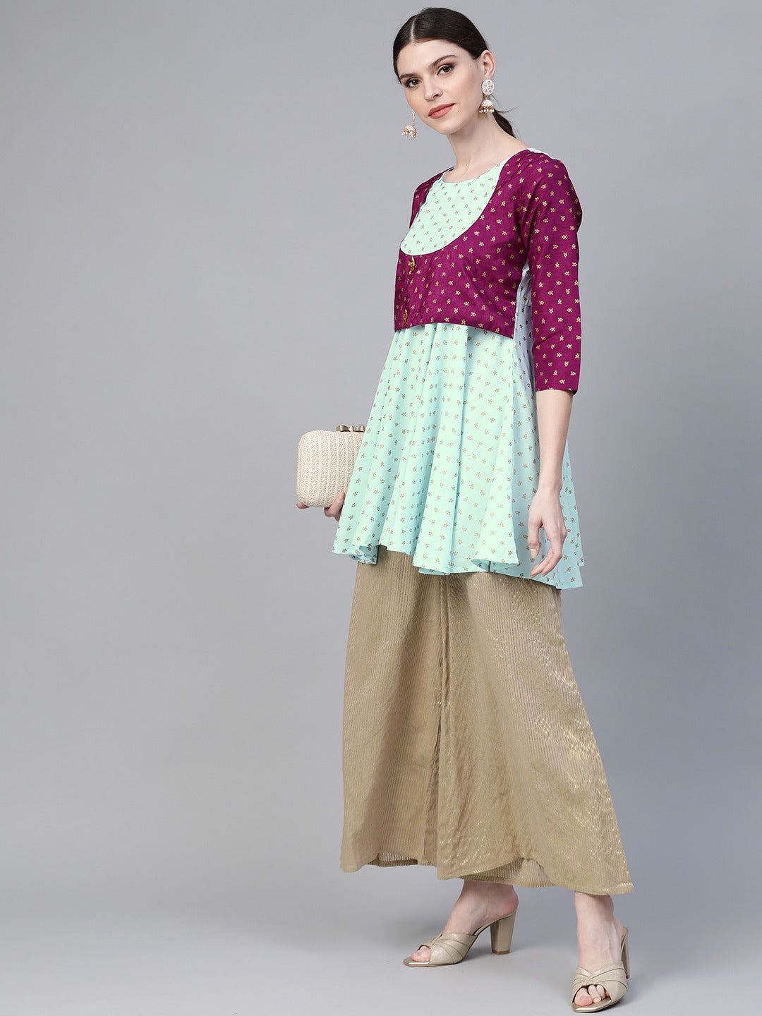 Blue & Purple Printed A-Line Tunic Top | Indian Kurta Ladies