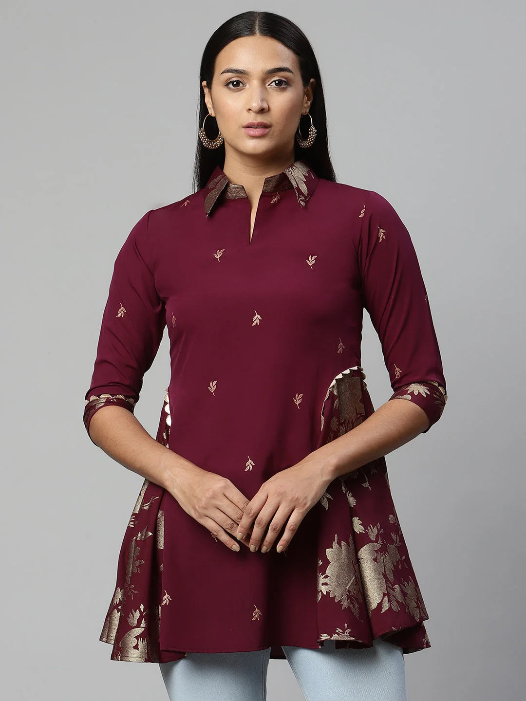 Burgundy & Gold Printed Tunic Top - Stylish Indian Kurtis Online
