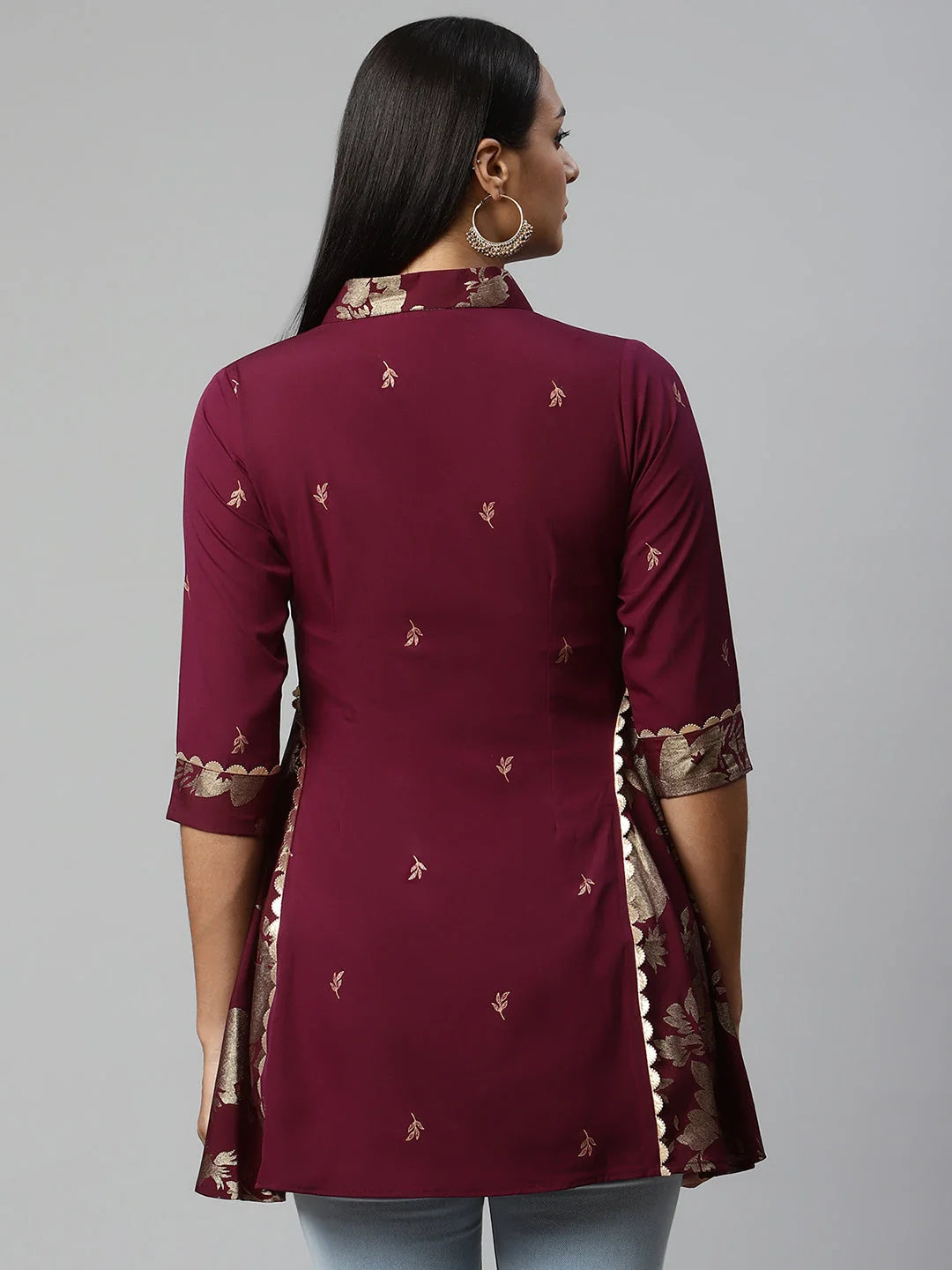 Burgundy & Gold Printed Tunic Top - Stylish Indian Kurtis Online