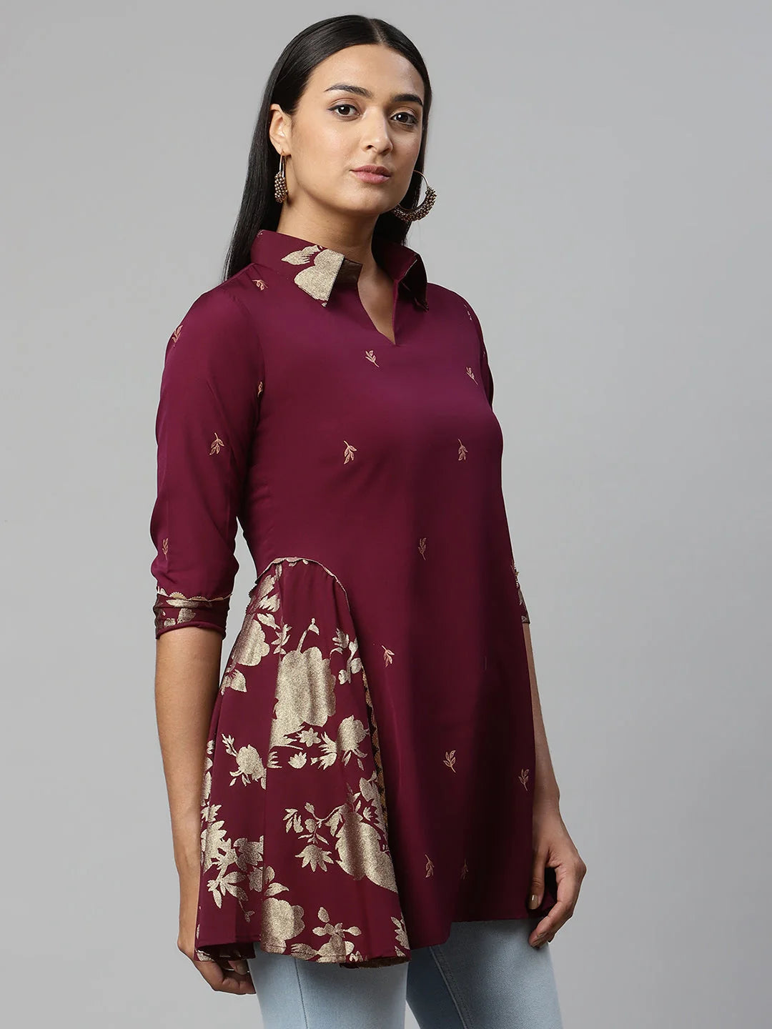 Burgundy & Gold Printed Tunic Top - Stylish Indian Kurtis Online