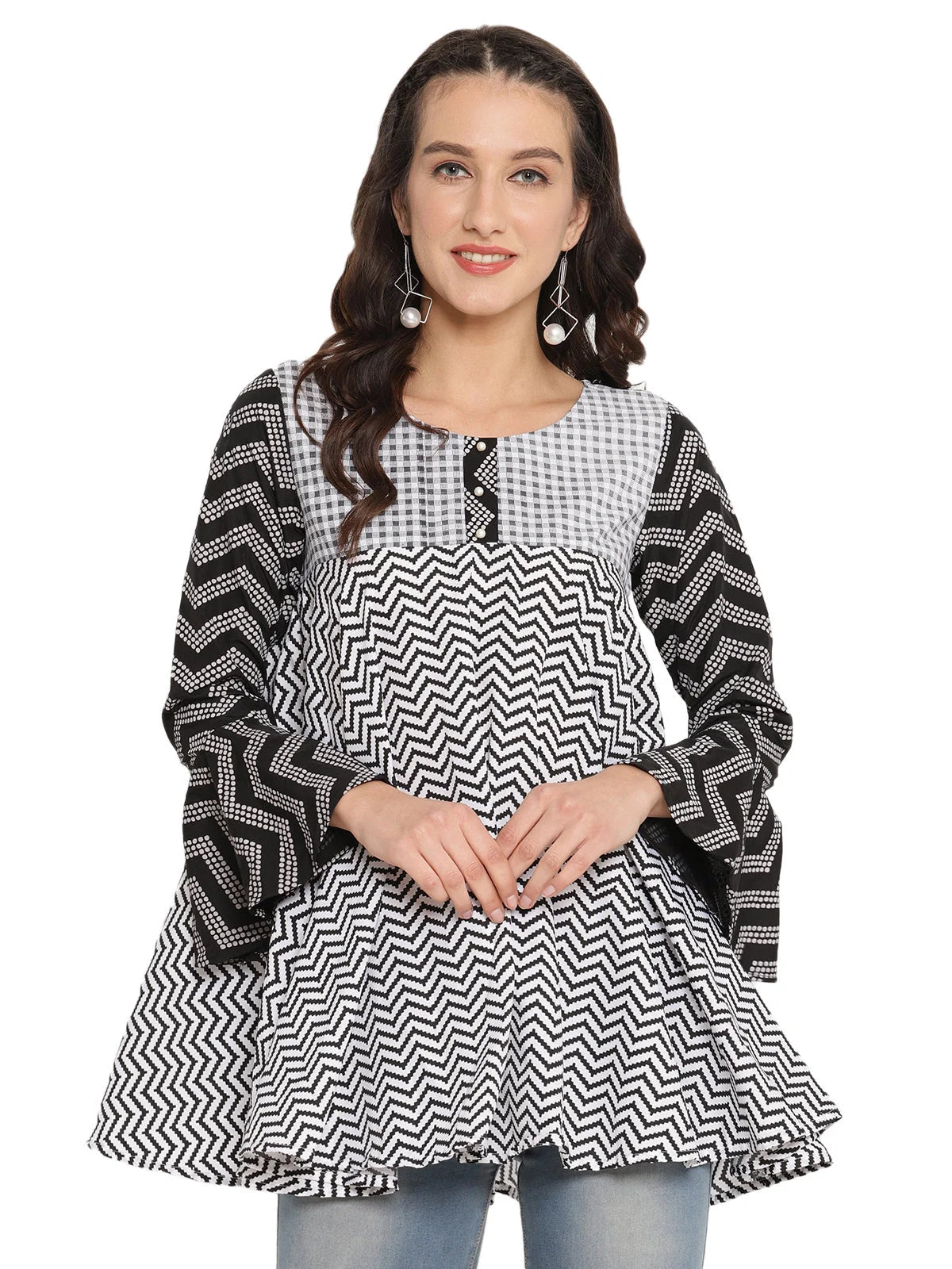 Printed Flared Black Tunic-AHTUCRPG-8015