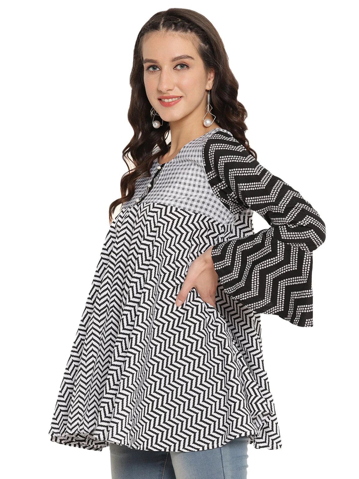 Printed Flared Black Tunic Top | Indian Kurta for Ladies