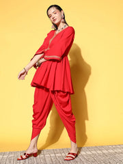 Red Pleated Gotta Patti Kurti with Dhoti Pants-AHTUDO-COMBO-590
