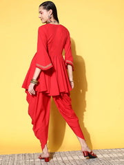 Red Pleated Gotta Patti Kurti with Dhoti Pants-AHTUDO-COMBO-590