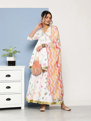 Women's White Floral Printed Pleated Sharara Set With Dupatta-AHTUDUSH-COMBO-588-ICH