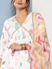 Women's White Floral Printed Pleated Sharara Set With Dupatta-AHTUDUSH-COMBO-588-ICH