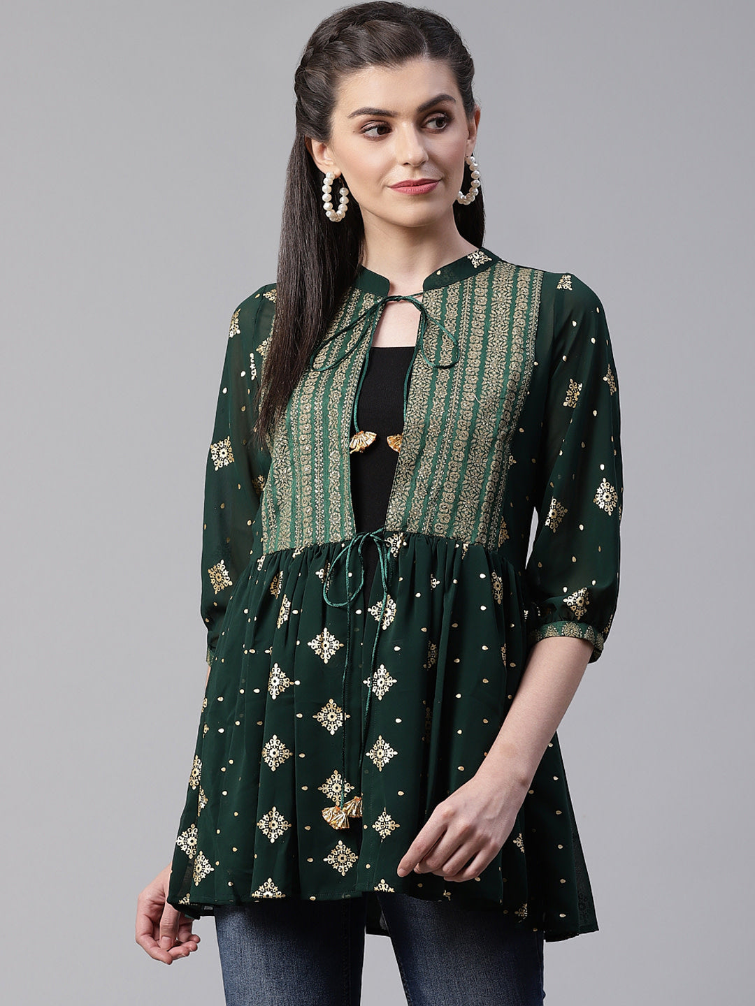Green & Golden Printed Semi-Sheer Front-Open Kediya Tunic-AHTUGRFPDS-8007