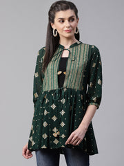 Green & Golden Printed Semi-Sheer Front-Open Kediya Tunic-AHTUGRFPDS-8007