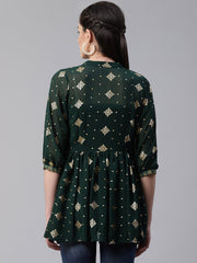 Green & Golden Printed Semi-Sheer Front-Open Kediya Tunic-AHTUGRFPDS-8007