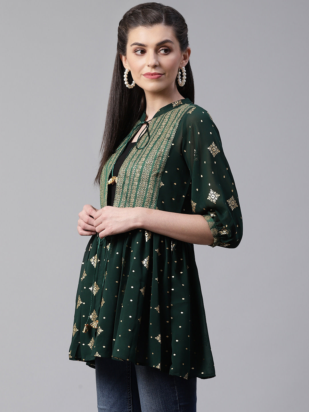 Green & Golden Printed Kediya Tunic Top | Indian Kurtis