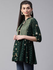 Green & Golden Printed Semi-Sheer Front-Open Kediya Tunic-AHTUGRFPDS-8007