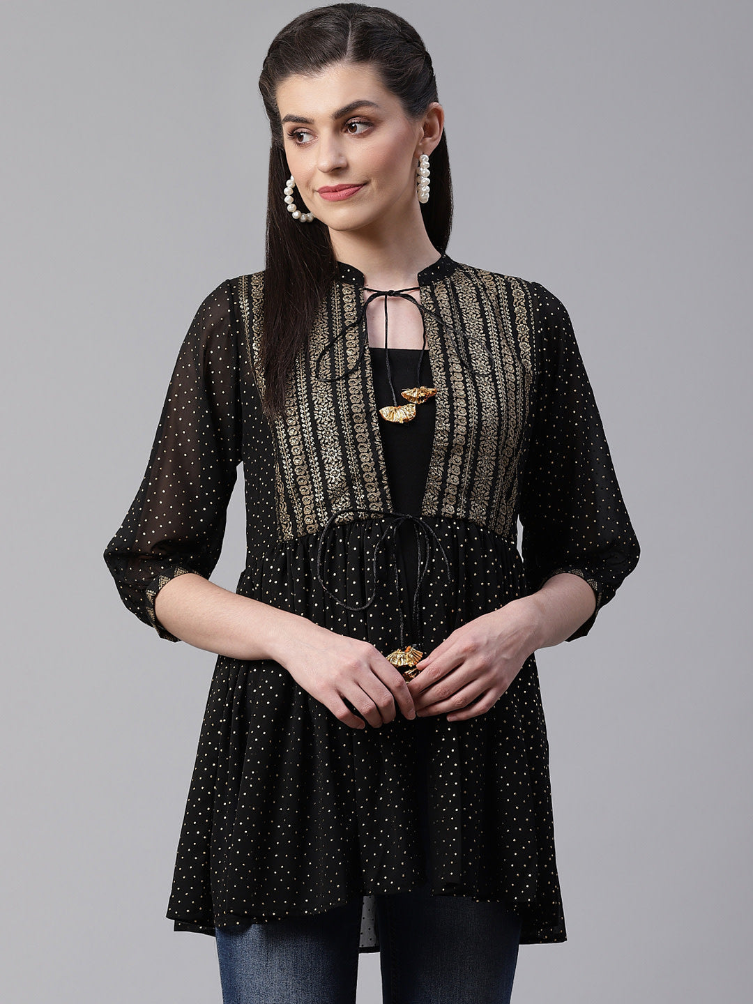Black & Golden Printed Kediya Tunic Top | Indian Kurta