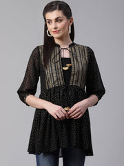 Black & Golden Printed Semi-Sheer Front-Open Kediya Tunic-AHTUGRFPDS-8009