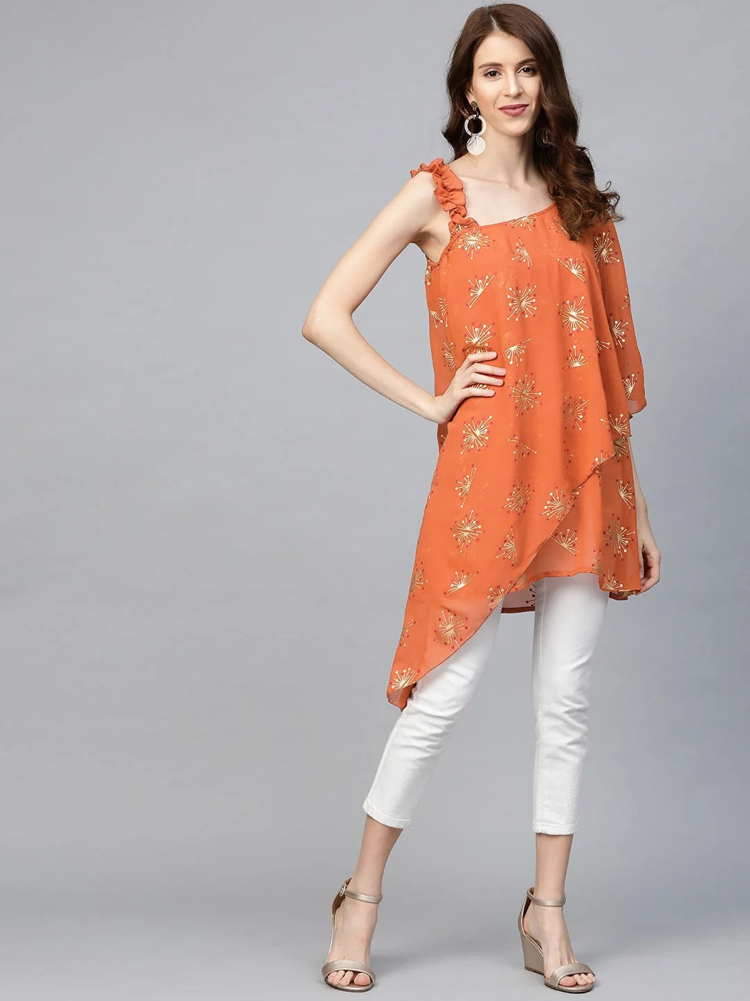 Orange One Shoulder Tunic Top - Printed Indian Kurtis Online
