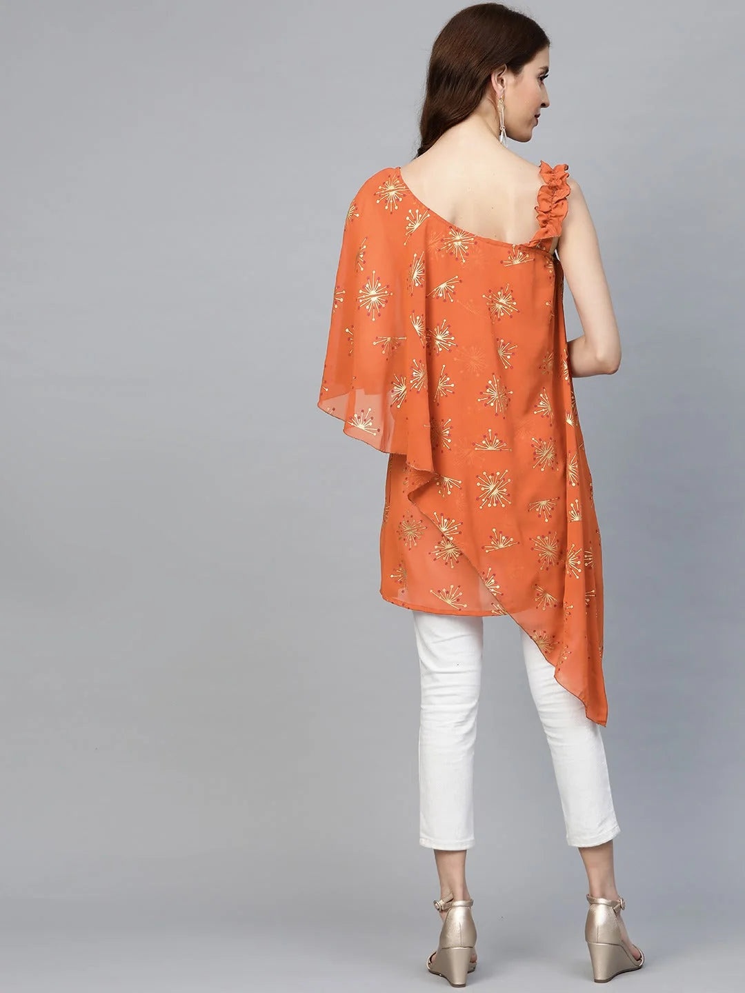 Orange One Shoulder Tunic Top - Printed Indian Kurtis Online
