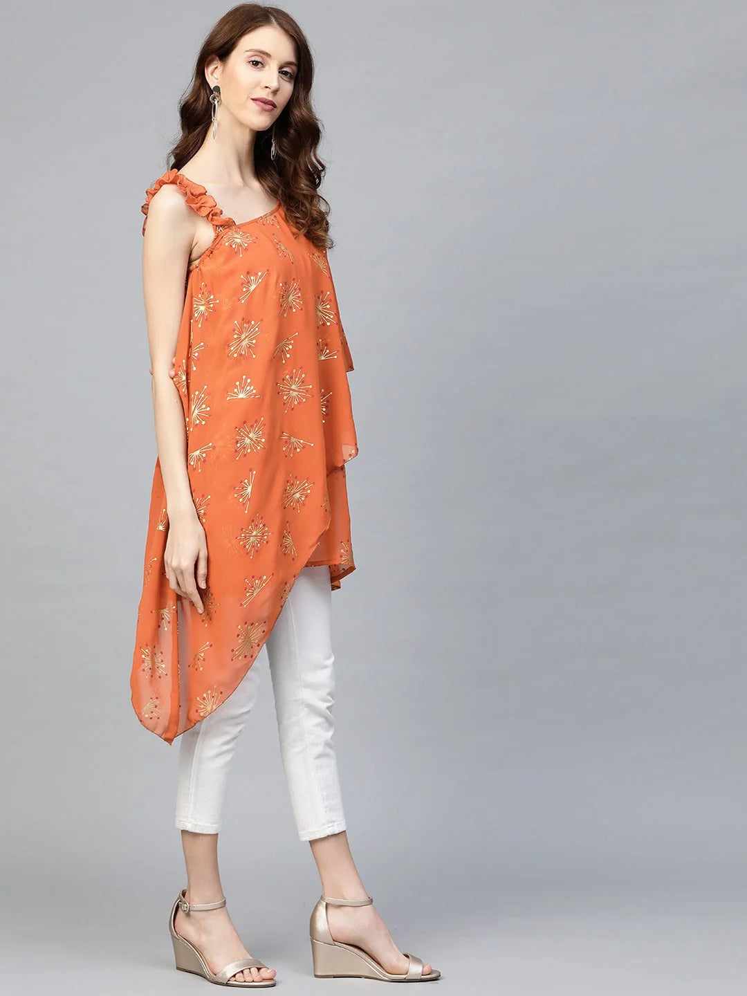 Orange One Shoulder Tunic Top - Printed Indian Kurtis Online
