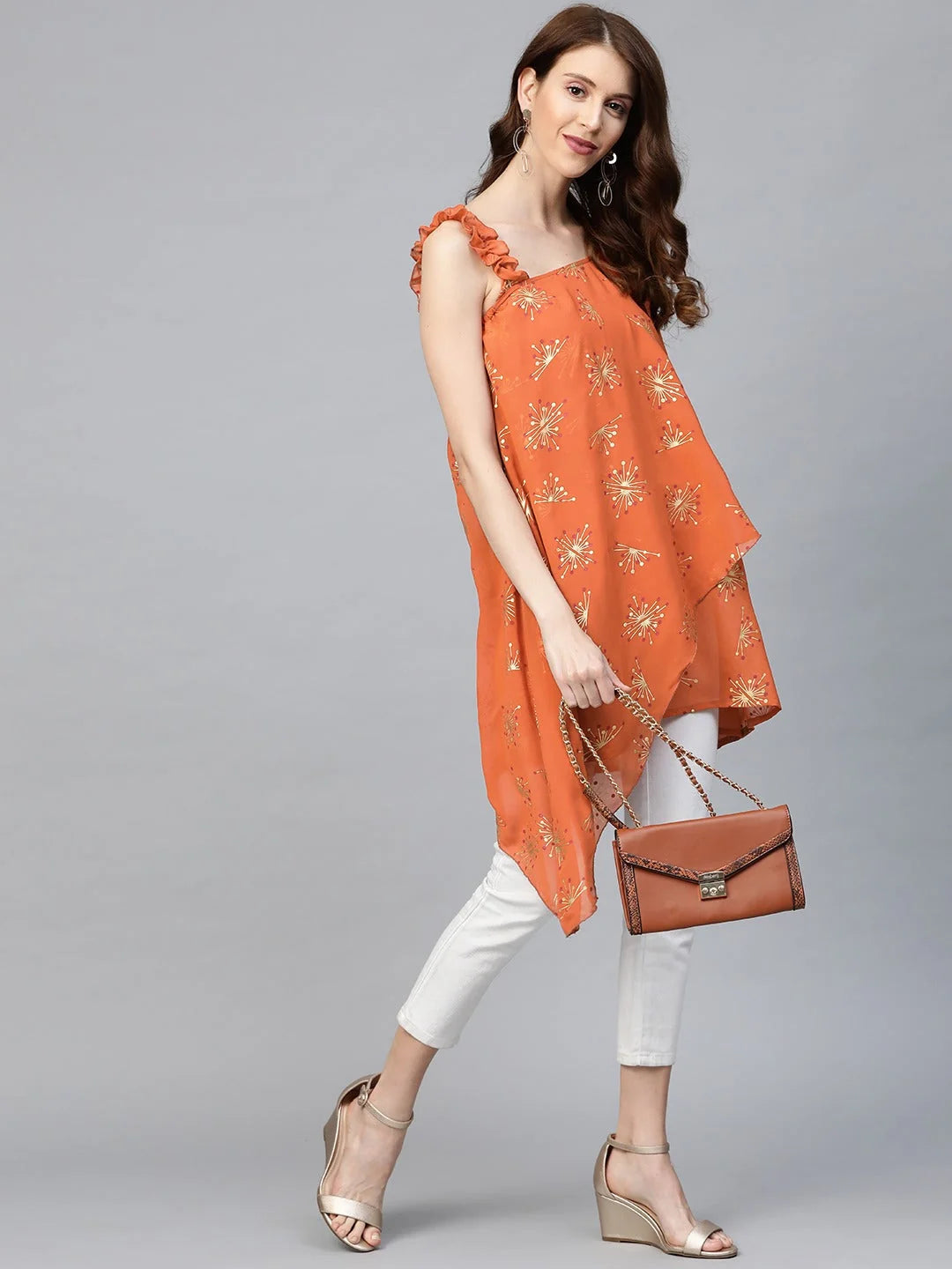 Orange One Shoulder Tunic Top - Printed Indian Kurtis Online