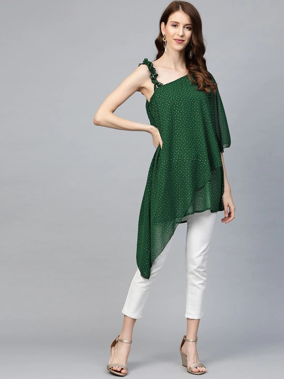 Green Printed One Shoulder Tunic Top - Indian Kurtis Online