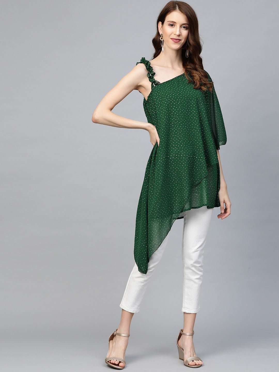 Green Printed One Shoulder Tunic-AHTUGRFPDS-8026